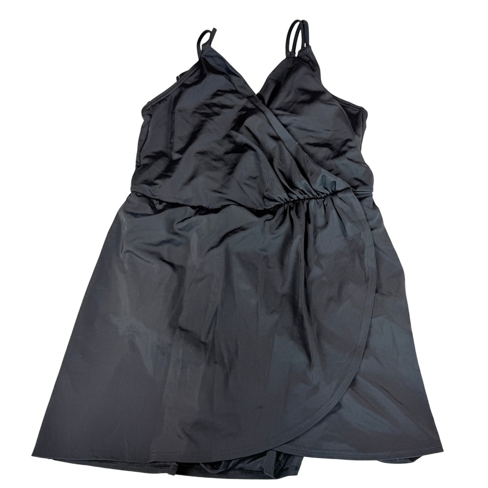 Lands End Women Black Wrap V-Neck Swim Dress One Piece Swimsuit Size M 10-12